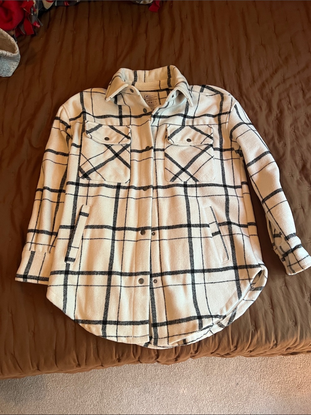 Womens Cream & Black Plaid Shacket Jacket